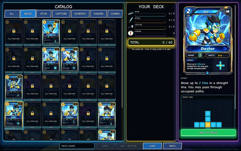 The Ace Penguins deck-building screen — card catalog, type tabs and your deck